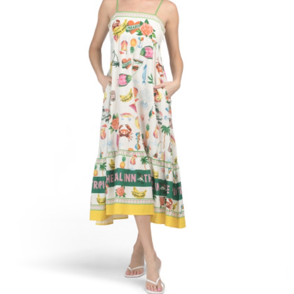 Tropical Print  Dress with Yellow Accents